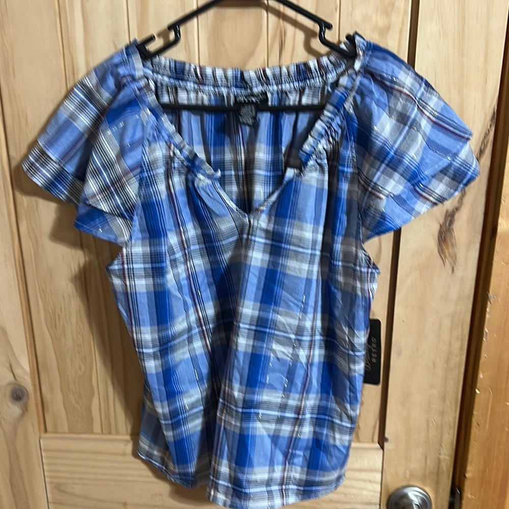 NWT Wrangler Retro short sleeve Blue Plaid Women's Top